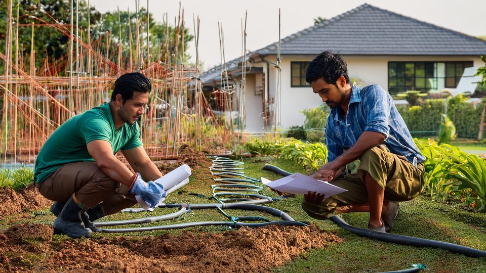 Automatische Bewässerung im angelegten Garten