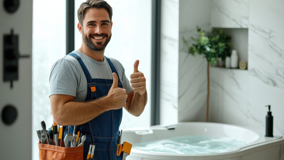 Sanitärinstallateur im fertigen Bad