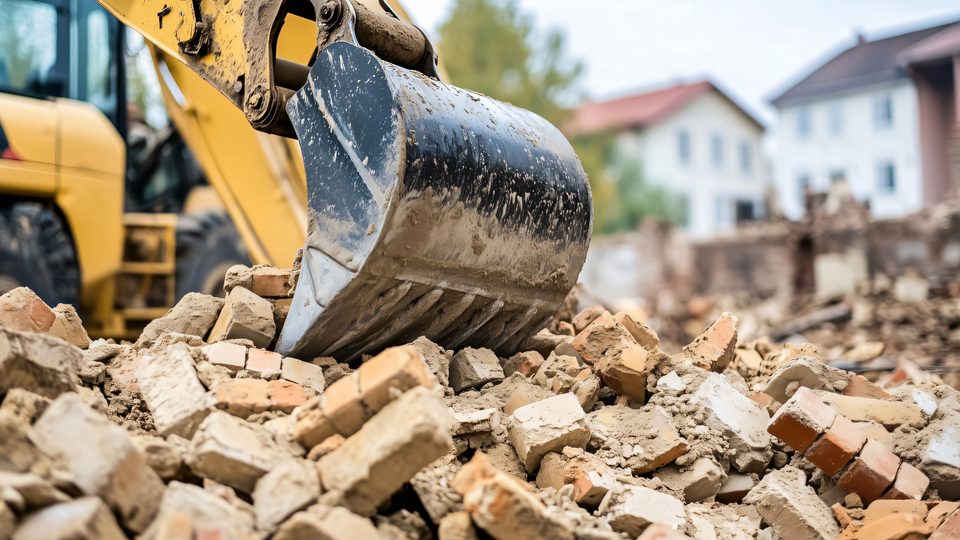 Bagger beim Abbruch mit Bauschutt